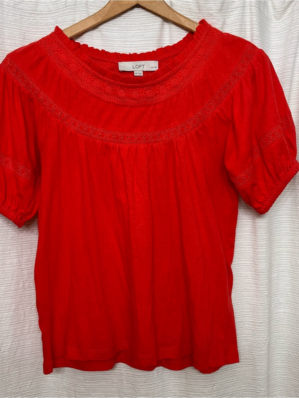 LOFT Bright Red Eyelet Peasant Top